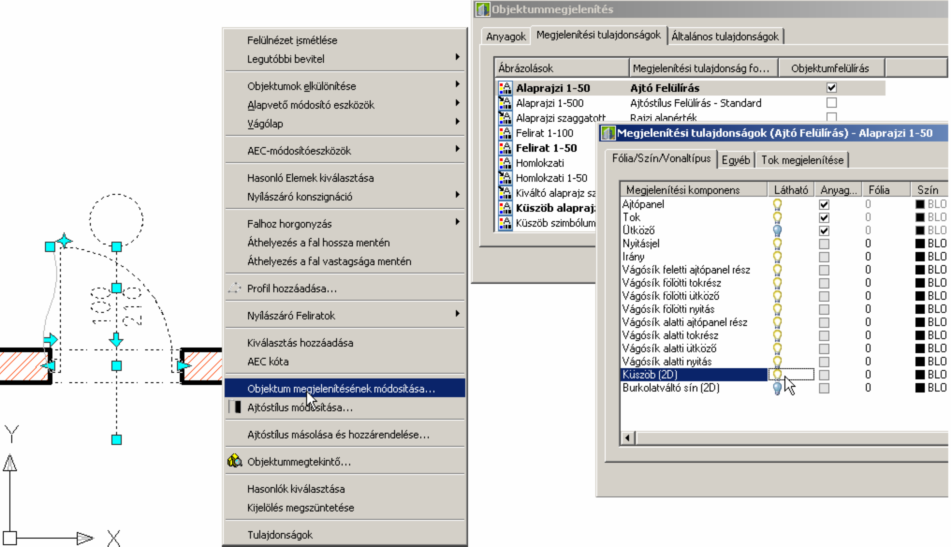 23. ábra: Az objektumoknak egyenként is felülírhatók a kívánt ábrázolásai, ha felugró menüjükből használjuk az Objektummegjelenítés módosítása parancsot.