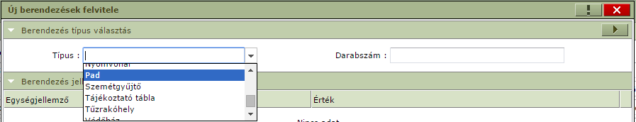 Ezen a felületen rögzíthetőek a létesítményhez tartozó berendezések, az alsó táblázat feletti sáv jobb szélén található gomb megnyomásával.