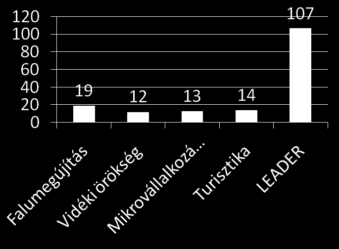 Átlagos projektméretek Falumegújítás és fejlesztés 14,8 millió Ft Vidéki örökség megőrzése 14,9 millió Ft Mikrovállalkozások fejlesztése 9,2