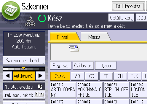 Szkennelt fájlok e-mailben történő küldésének alapeljárása E-mail célállomás törlése 1. Nyomja meg a [Felhasználói eszközök/számláló] gombot. 2. Nyomja meg a [Címlista kezelése] gombot. 3.