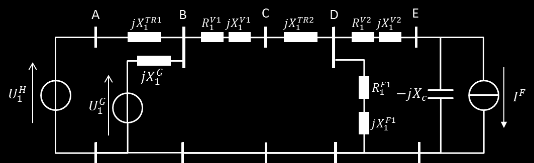 3. Rajzolja fel az alábbi (fiktív) hálózat pozitív sorrendű, viszonylagos egységekben értelmezett modelljét a gyűjtősínek feltüntetésével (A, B, C, F, H)!