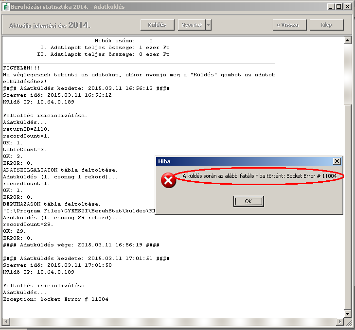 17.ábra Sikertelen adatküldés esetén fontos információ lehet a hiba fajtája.