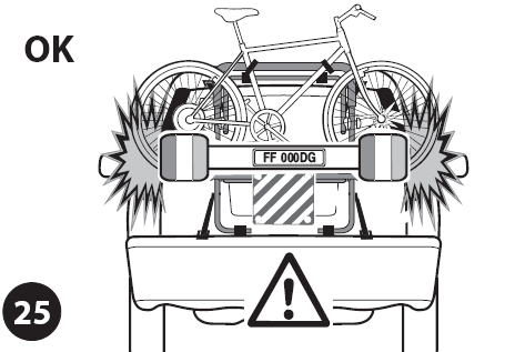 - A 22. ábrán látható tartókat rögzítsd a kerékpárvázhoz. - Használd a rögzítő hevedert (E) a belső kerékpár, szállítóhoz való rögzítésére. (24.