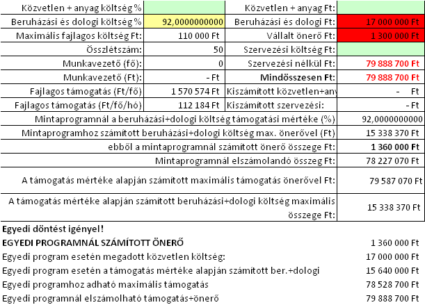 megmutatjuk az egyedi programhoz számított önerő, közvetlen költség, bér+dologi költség, maximális támogatás, támogatás+önerő összegét. 5.