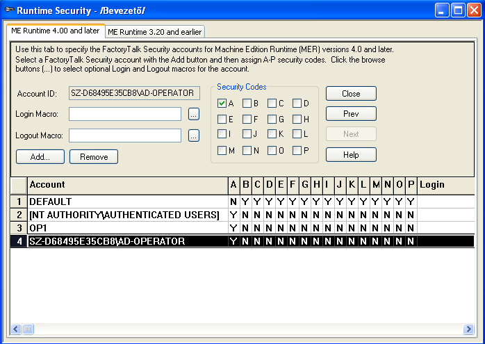10. ábra: Egy FactoryTalk View Studio project Runtime Security ablaka Az Add gomb segítségével hozzáadhatunk egy felhasználó csoportot vagy individuális felhasználót a project jogosultság kezelési