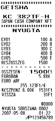 A Shift háromszori megnyomásával megjelenik az itt látható felirat a kijelzőn, ami azt jelenti, hogy eurós fizetés és forintos visszajáró lesz rögzítve.