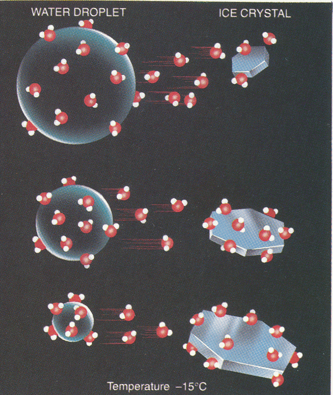2. Vegyes halmazállapotú felhık: A Bergeron-féle mechanizmus, 1935 vegyes halmazállapotú felhık: felhıcseppek + jégkristályok egyidejőleg; leginkább kis, túlhőlt cseppek kifagyásával keletkeznek (nem