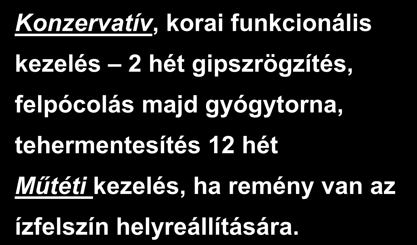 SAROKCSONT TÖRÉS KEZELÉSE Konzervatív, korai funkcionális kezelés 2 hét gipszrögzítés, felpócolás