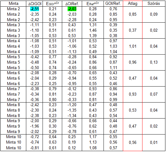 Kvantitatív Real-Time PCR 13.8. Táblázat.