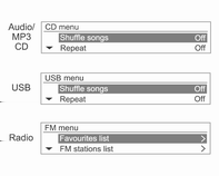 114 Infotainment rendszer Funkció kiválasztása AM, FM vagy DAB rádió (csak az 1/2 típus-a modellekre vonatkozóan) CD/MP3/USB/iPod/Bluetooth audiolejátszás (csak 1/2 típus -A/B modellek) vagy külső