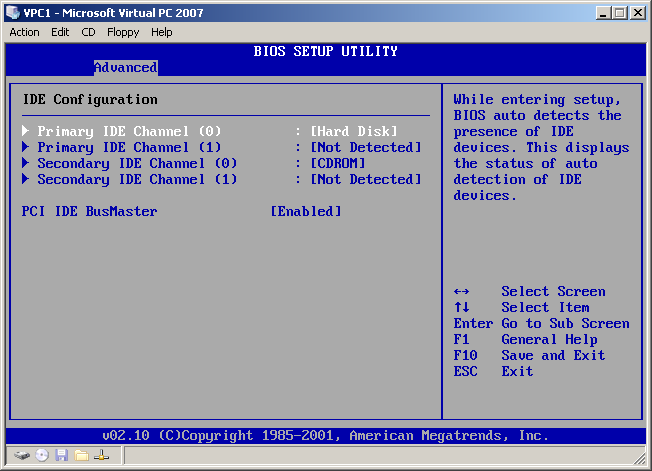 BIOS tulajdonságok vizsgálata a virtuális géppel ADVANCED / IDE Mivel ez