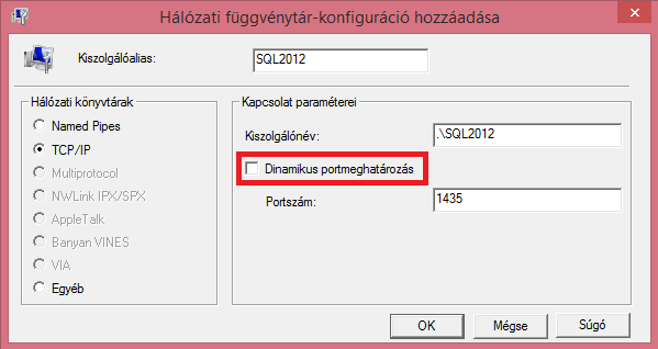 Ezen belül pedig a TCP/IP port beállítást. Adja meg a kiszolgálóaliast és a kiszolgálónevet. A Dinamikus portmeghatározás mellől vegye ki a pipát és állítsa be a portszámot 1435-re.