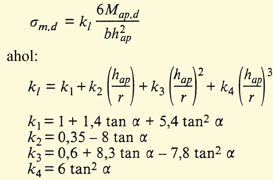 A k m, tényező értékei GL24h anyag esetén: f m,d = 11,52 N/mm 2 f v,d = 1,2 N/mm 2 f t,90,d = 0,24 N/mm 2 f c,90,d = 1,29 N/mm 2 k m, nyomásra húzásra Maximális hajlítófeszültség ellenőrzése két
