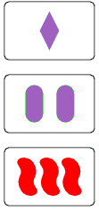 2 Nem SET mert: Szín: 2 lila 1 piros! Emiatt nem SET Alak: 3 különböző Darab: 3 különböző Telítettség: 3 egyforma 3*4 -es téglalapot rakunk ki a kártyákból, színével felfelé az asztalra.