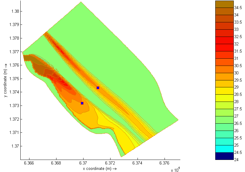 RÁTKY I. - 14 - PAKS, DUNAI HŐCSÓVA C 5. ábra: Hőcsóva eloszlása Q D = 2210 m 3 /s, Q JP =110 m 3 /s és Q BH =141 m 3 /s esetén 5.