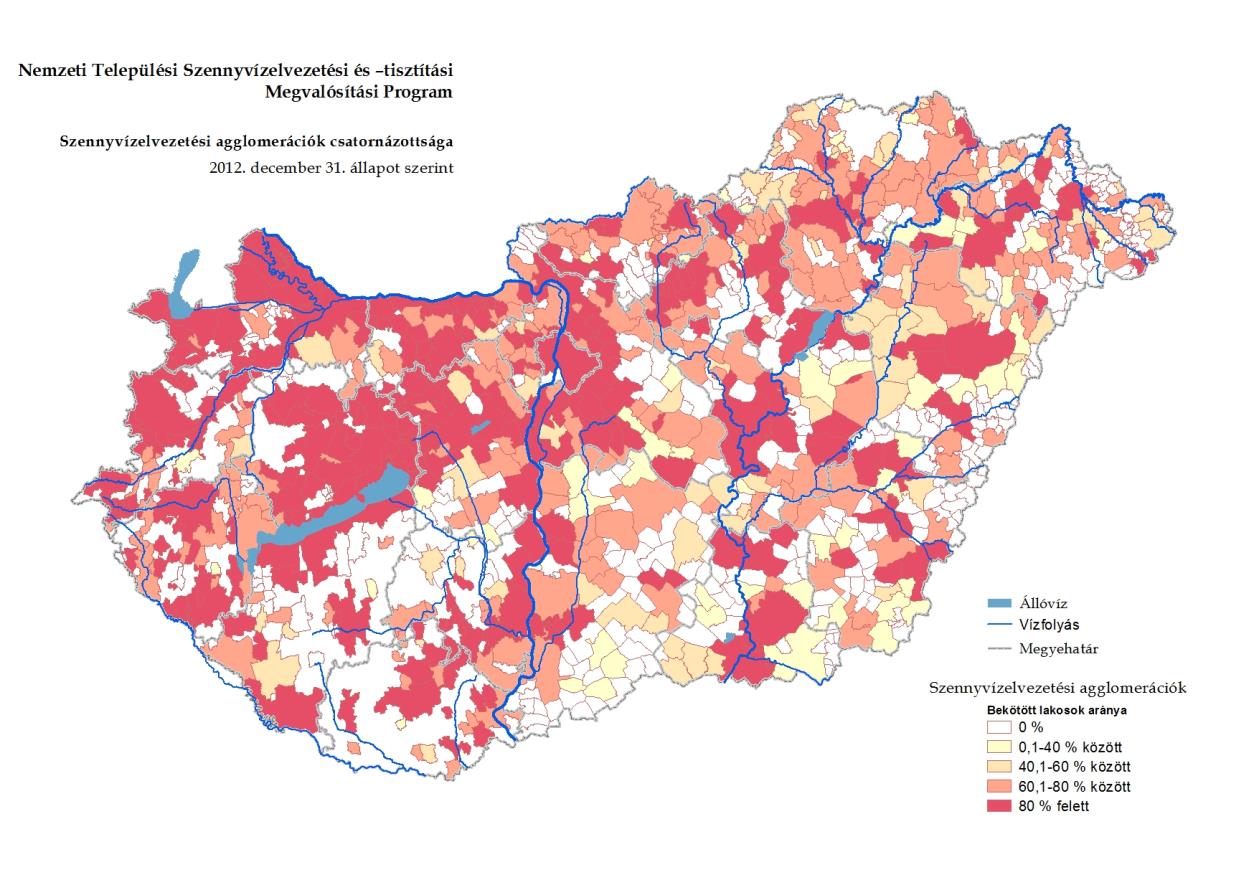 Az alábbi térkép az ország szennyvízgyűjtő hálózattal való ellátottságát mutatja be. A magyarországi szennyvízgyűjtő hálózatok teljes hosszát 2012.