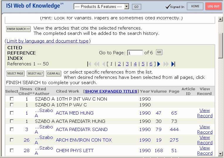 37.ábra. Web of Science Cited Reference Search Találatok A TIMES CITED oszlopban megjelenő szám a cikkre kapott összes hivatkozások számát jelenti.