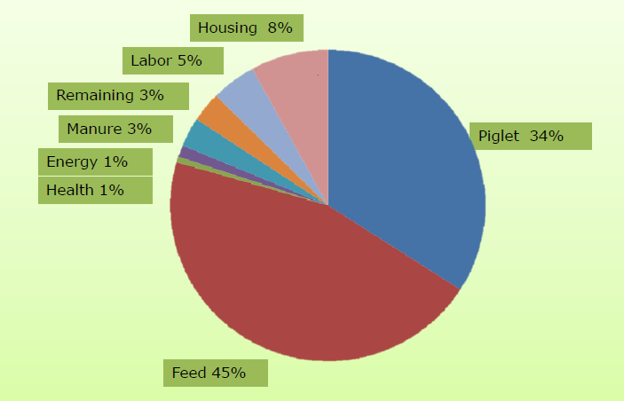 Hollandia: sertéshízlalás költségmegoszlása (2012) 25-110 kg között istálló Átlag: 1 600 hízó/farm munkabér egyéb malac trágya