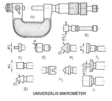 36 ábra Különféle kialakítású mikrométerek a) Mélységmérő mikrométer; b) Beépíthető mikrométer 1/1000 mm-es nóniusszal; c) Speciális kengyelű mikrométer; d) Speciális kengyelű mikrométer cserélhető