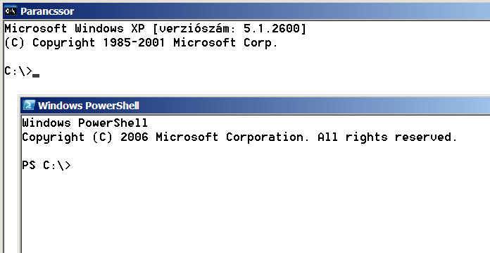 Elmélet 2. ábra, A cmd.exe és a PowerShell Kezdetnek próbáljuk ki tehát a megszokott parancsokat, vajon mit szól hozzájuk az új shell. PS C:\> dir Directory: Microsoft.PowerShell.Core\FileSystem::C:\ Mode LastWriteTime Length Name ---- ------------- ------ ---- d---- 2007.