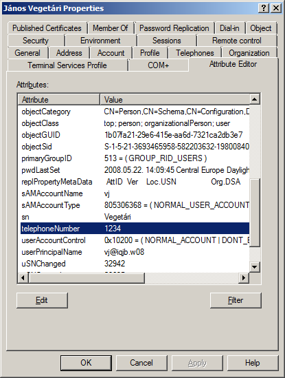 Gyakorlat 61. ábra A Windows Server 2008 ADUC új Attribute Editor-a Nézzük meg, hogyan lehet ezt a telefonszámot kiolvasni, majd átírni. Az első megoldás a PowerShell-es : PS C:\> $user.