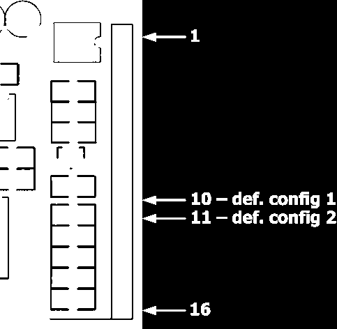 9. Konfiguráció alapre állítása (hardver reset) A gyári alapértelmezett konfigurációt az alábbi ábrán látható két csatlakozópont összeérintésével lehet elérni (10. és 11. csatlakozópontok).
