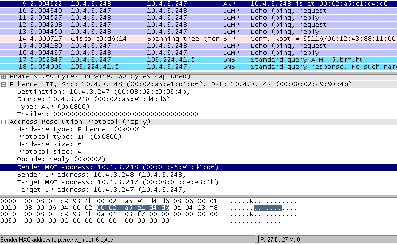 cím hossza bájtban: például IP esetén 4 (azaz 4x8-32), IPX esetén 10 (azaz 10x8 = 80) Mővelet: ARP kérés esetén 0x0001, ARP válasz esetén pedig 0x0002 ARP beágyazás forrás hardvercím forrás IP-cím