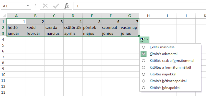 A cellákba: számot, szöveget, képleteket, függvényeket írhatunk. Kitöltés sorozattal: Nem csak számtani sorozattal, hanem szöveggel is.