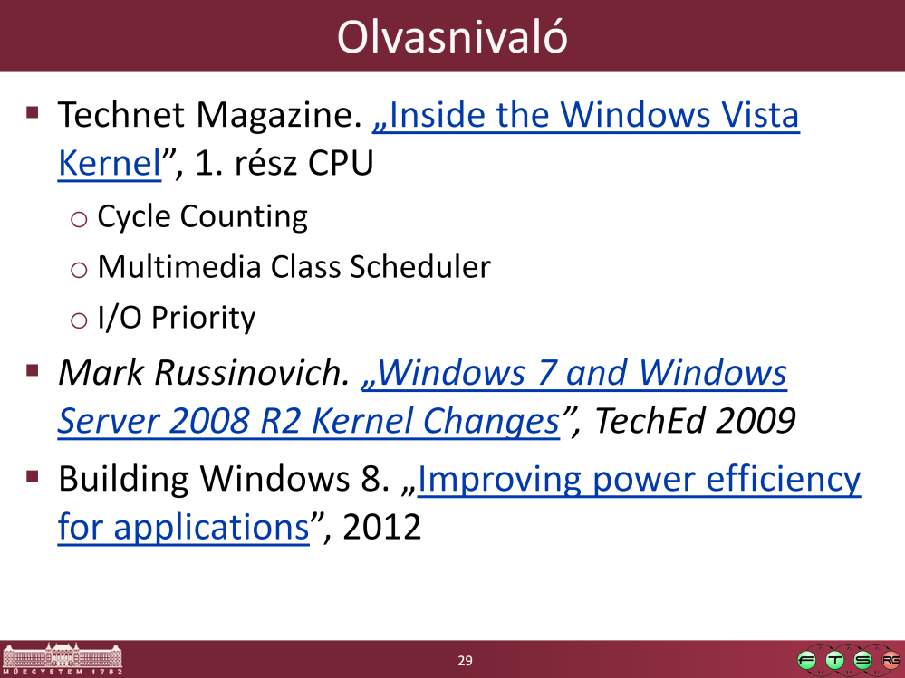 - Inside the Windows Vista Kernel, http://www.microsoft.com/technet/technetmag/issues/2007/02/vistakernel/defa ult.aspx - Windows 7 and Windows Server 2008 R2 Kernel Changes, http://download.