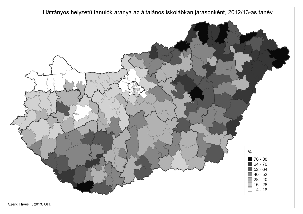 A további két térkép (4. és 5. térkép) a fentebb vázolt területi egyenlőtlenségeket mutatja, ezúttal a hátrányos és a halmozottan hátrányos helyzetű tanulók arányára vonatkozóan.