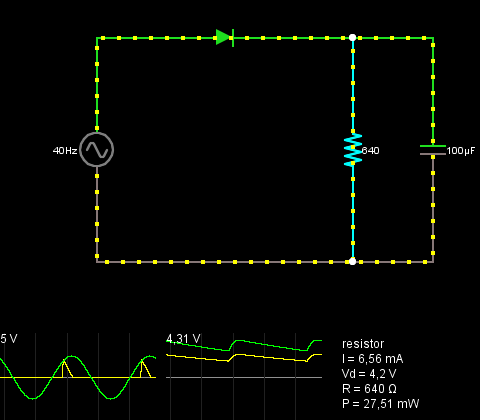 Egyutas egyenirányító szűréssel Link: www.falstad.com/circuit/e-rectify.html Egészítsük ki az egyutas egyenirányító áramkört egy 100 µf-os kondenzátorral!
