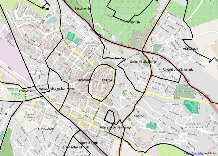 1.6. térkép. Sopron városrészei (Forrás: OpenStreetMap, GeoX és Forster Központ) Az alábbi, 1.8. ábra összeveti Sopron belvárosának áralakulását Sopron többi részének áralakulásával, 2000-től 2014-ig.