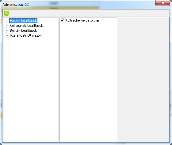 Beállítások A Rendszer\Beállítások menüpont alatt újabb beállításokat tartalmazó ablak jelent be az alábbi beállítási lehetőségekkel: Partner beállítások- Költséghelyre besorolás: beállítható, hogy