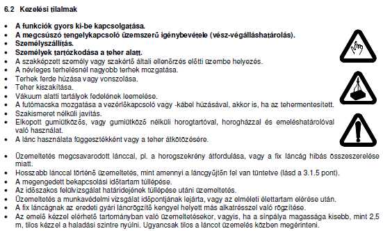 Kivonat egy ELEKTROMOS LÁNCOS EMELŐ