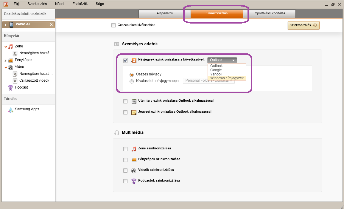 A szinkronizálás menüpontban szinkronizálhatjuk a névjegyeinket, valamint a könyvtárhoz adott videókat, képeket és zenéket.
