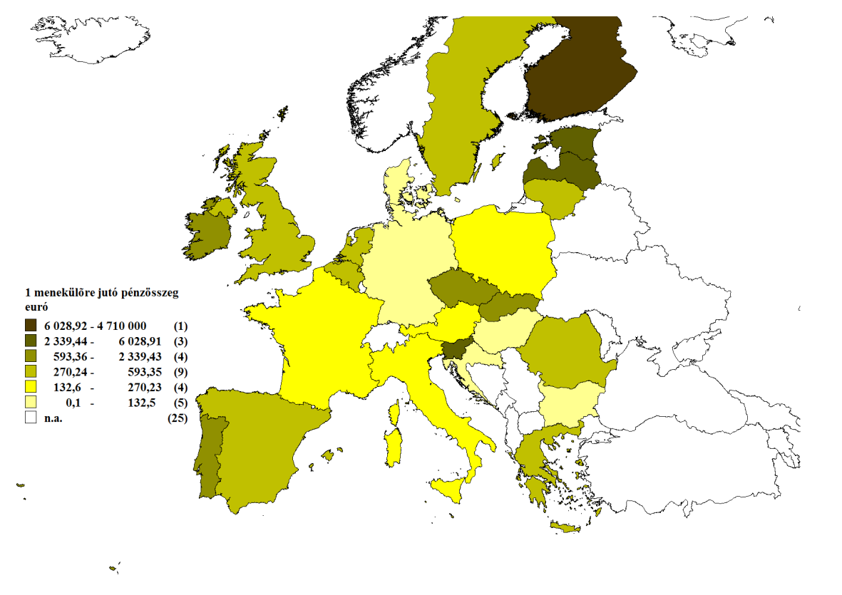 2. térkép: A Menekült Alap forrásai egy menekülőre számolva (2013) Forrás: Eurostat.
