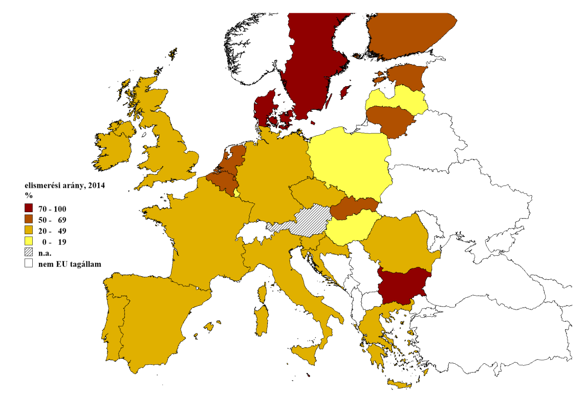 8. térkép: A menedékkérelmek elismerési aránya 2014-ben az EU-ban Forrás: Eurostat, Saját szerkesztés (2015) Hatalmas földrajzi egyenlőtlenségeket tapasztalunk akkor is, ha az egyes tagállamok