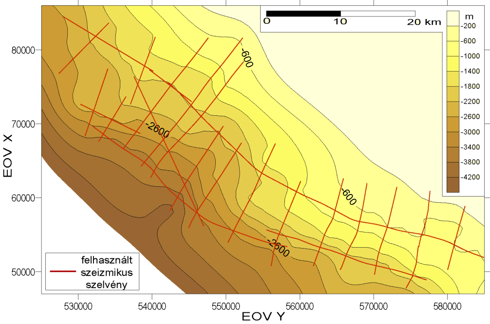 4.11. ábra: A késő-miocén üledékek aljzatmélységének szintvonalas térképe és a felhasznált szeizmikus szelvények nyomvonala a Dráva-medence részletesen vizsgált területén A szeizmikus szelvényhálóval