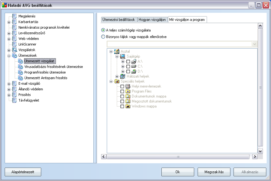 A Mit vizsgáljon a program fülön meghatározhatja, hogy a számítógép teljes vizsgálatát vagy csak bizonyos fájlok és mappák vizsgálatát szeretné