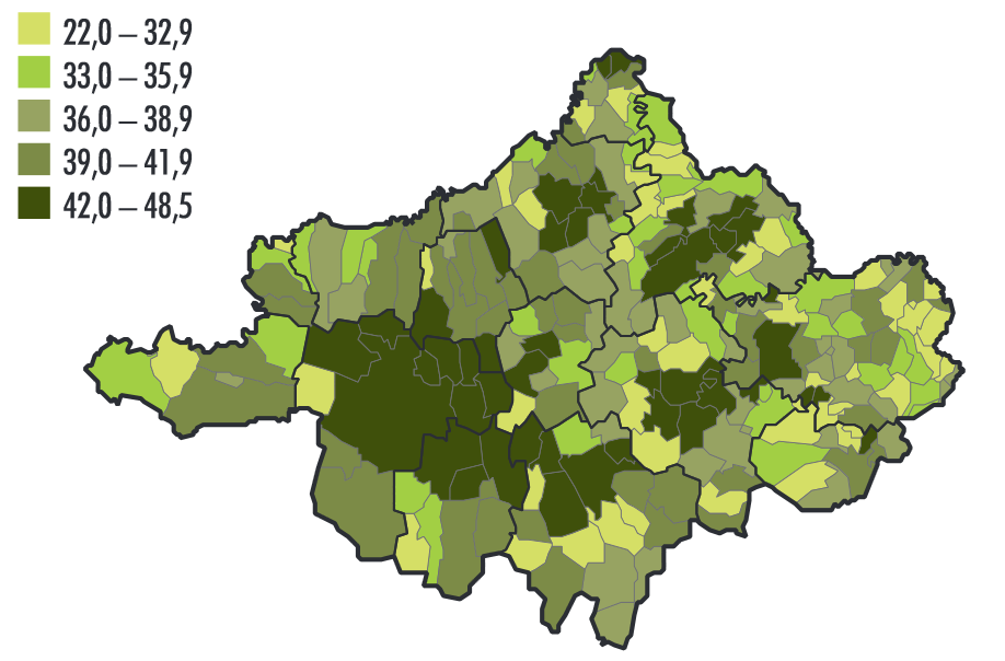11. ábra: A gazdaságilag aktív népesség arányának területi koncentrációja Szabolcs-Szatmár-Bereg megyében, 2011.
