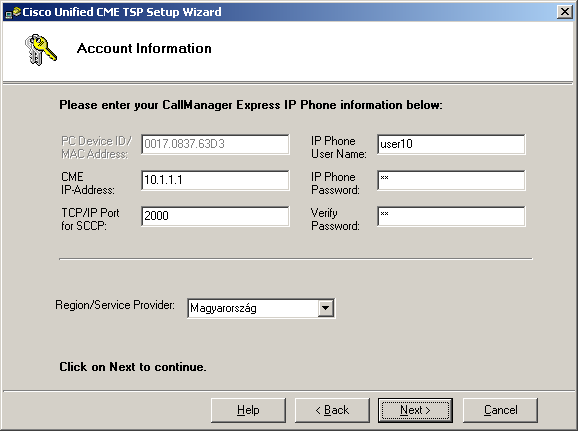 A következı ablakban CME IP-Address mezıbe kérjük írja be a Cisco Call Manager Express IP-címét. Az IP Phone User Name mezıbe írja be a telefon felhasználónevét (pl.: user11).