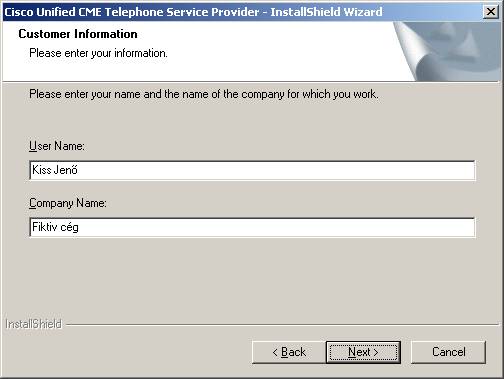 A User name mezıbe írjuk be a nevünket, a Company Name