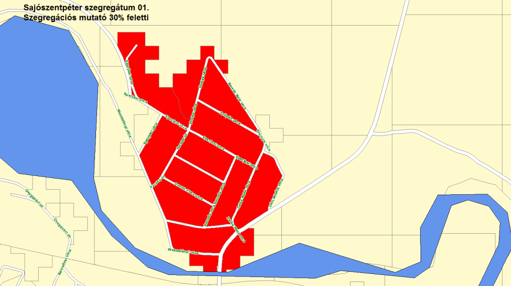 SAJÓSZENTPÉTER Város Integrált Településfejlesztési Stratégiája 62 Szegregátum 1. Lehatárolás: Eperjesi u. - belterületi határ - Bartók B. u. - Eperjesi u. - Váci M. u. - Sajó - Wesselényi u.