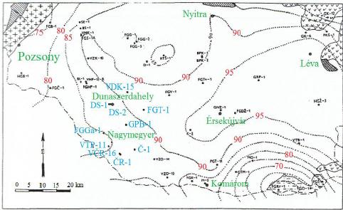 Geotermikus viszonyok Nagymegyer negatív hőmérsékleti anomáliája 500 m-ig 28,5 C/km, 500-2400 m