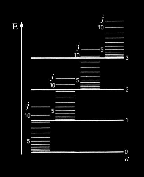 12.1. ábra. Molekulák rezgési (n) és forgási (j) energiaszintjei 3. Az átmenet során a rezgési (n) vagy a forgási (j) kvantumszámnak ±1-et kell változnia.