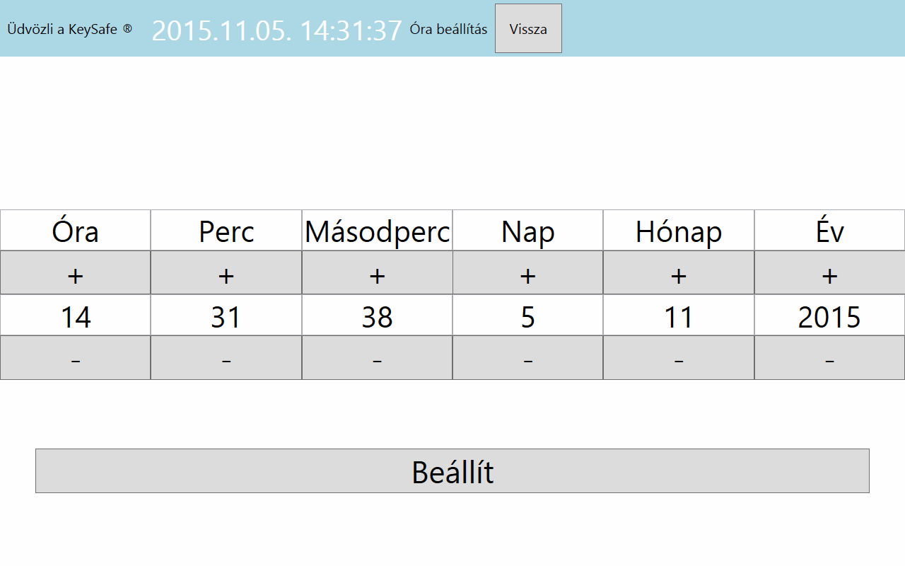 Idő beállítása (Admin szintű menüpont) Sikeres bejelentkezés után Superuserként (lásd később) van lehetőségünk idő és dátum beállítására.