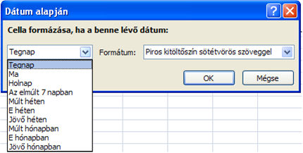 Egyszerűen beállíthatjuk az értékhez illeszkedő formázást is Ehhez a formázáshoz a Kezdőlap/Stílusok/Feltételes formázás gomb menüjének Cellakijelölési szabályok almenüjét alkalmazzuk.