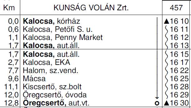 13 5372 KALOCSA- ÖREGCSERTİ autóbuszvonalon új 457, 458 sz.