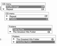 Infotainment rendszer 121 CD menü Zeneszámlista CD menü Mappák A TUNE forgókapcsolót forgatva kiválaszthatja a Shuffle songs (számok keverése) vagy Repeat (ismétlés) funkciókat, majd a MENU gombot