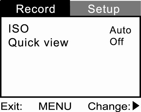 Menü beállítások Record menü Használja a Record menüt a képméret, képminőség / video minőség kiválasztására. Továbbá szabályozhatja az exponálást, fehérkiegyenlítést vagy az ISO sebességet is.